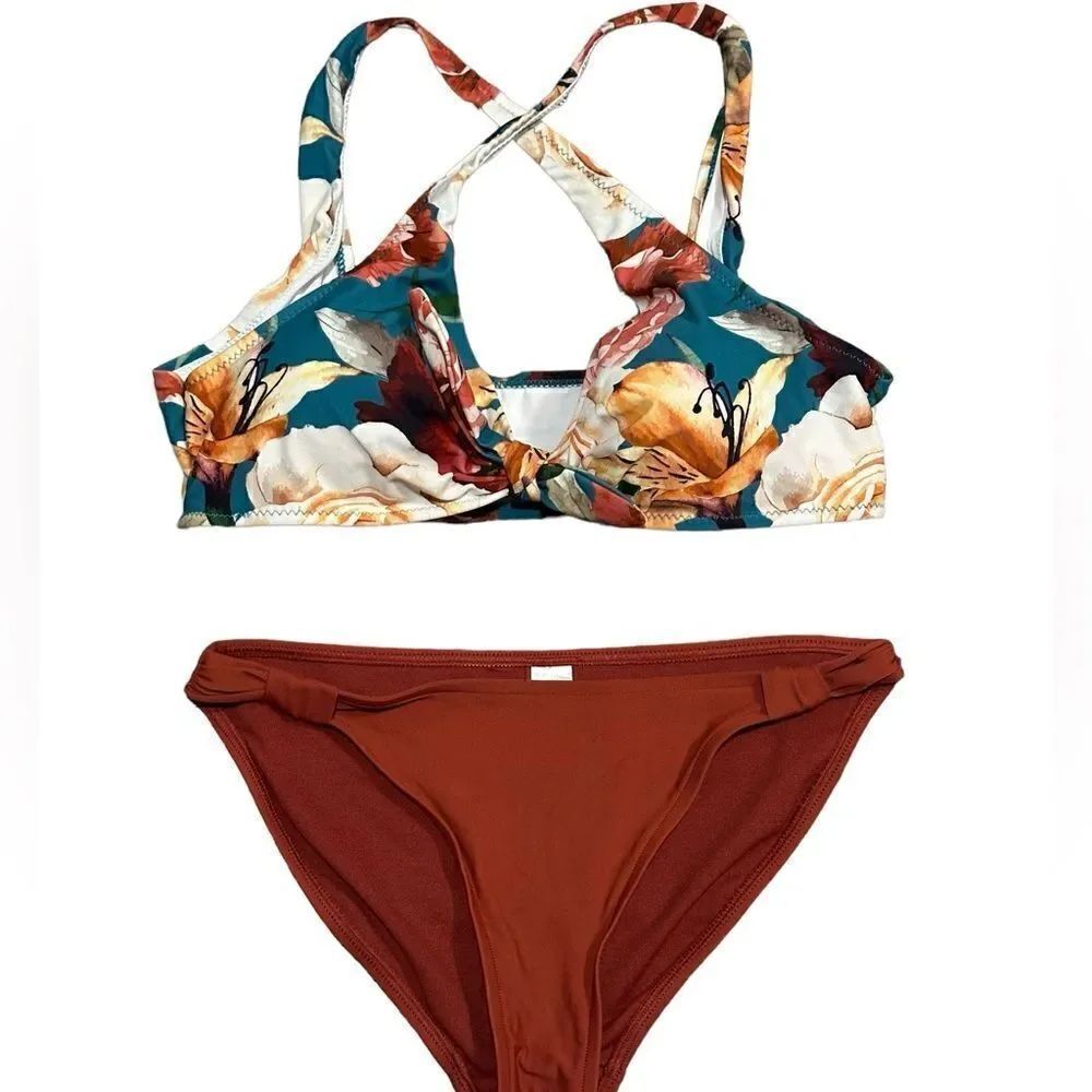 Rust Color & Floral Longline Bikini Size Medium - Picture 7 of 7